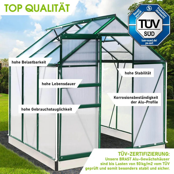 BRAST Gewächshaus Aluminium 190x190x195cm Grün mit Fundament rostfrei TÜV geprüft Alu Treibhaus Glashaus Tomatenhaus – Bild 4