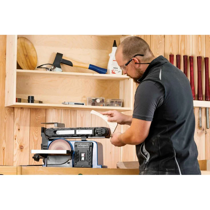 Scheppach Band-Tellerschleifer BTS900 mit Zubehör | Schleifmaschine mit 370W | 230V | 2850 min-1 | Schleifteller Ø 150mm | inkl. 3x Schleifpapier und 3x Schleifband | Bandschleifer Schleifgerät – Bild 3