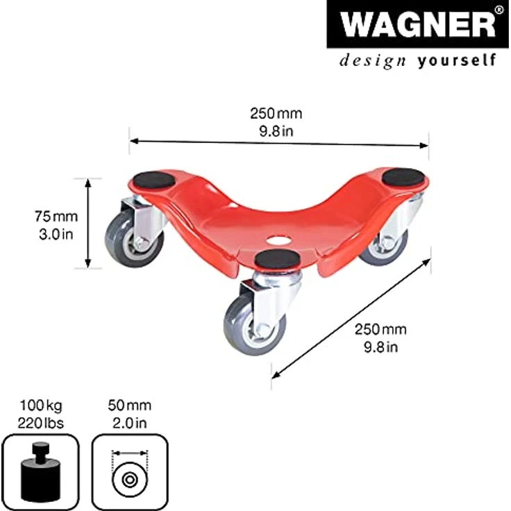 Transporthilfe MM 1196, 25 x 25 x 7,5 mm, softe Rollen Ø 50 mm, Stahl beschichtet, rot, Tragkraft 100 kg – Bild 2