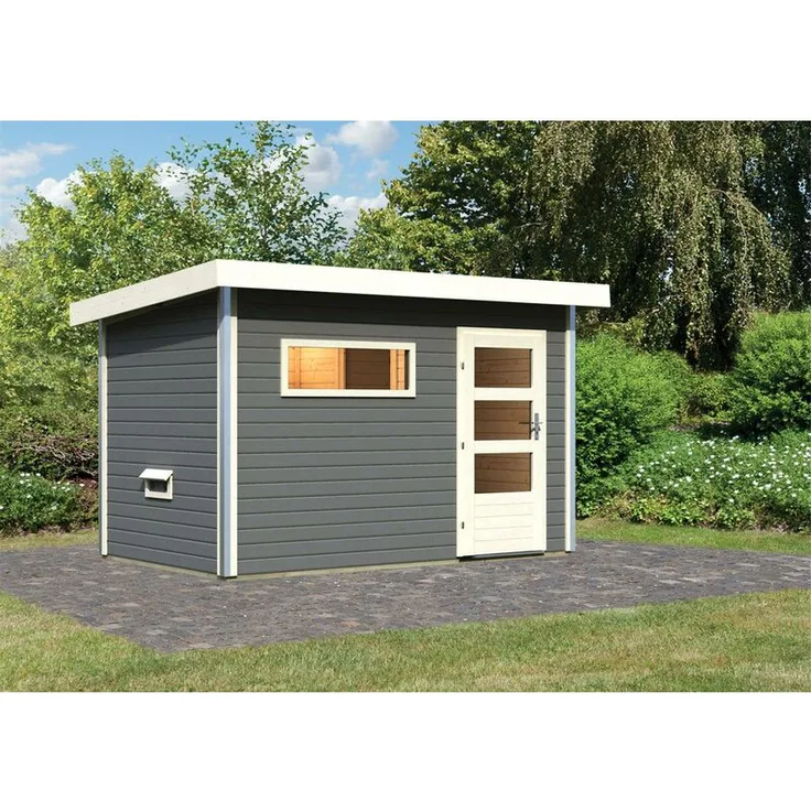 Karibu Saunahaus Skrollan 1 mit moderner Tür Set terragrau mit Fenster