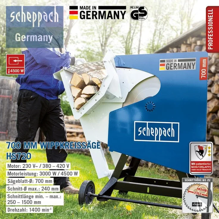 Scheppach Wippkreissäge HS720 Brennholzsäge Wippsäge | MADE IN GERMANY | 400V mit 4500W Leistung | Sägeblatt Ø 700mm | Schnitthöhe 60-240mm | max. Scheitholz 370 x 240 mm | Wendeschnitt max. 250 mm – Bild 6