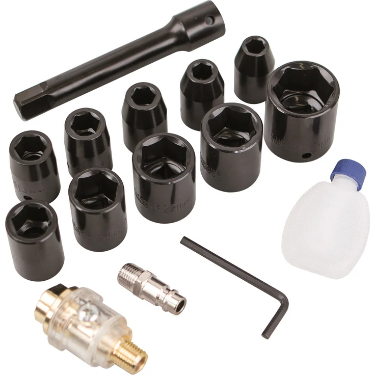 Scheppach Druckluft Schlagschrauber Set, Schlagschrauber, 10 x 1/2" Steckschlüssel (9/10/11/13/14/17/19/22/27mm), Verlängerung 85mm, Leitungsöler und Öl-Fläschchen, Luftbedarf-Ø 141 L/min – Bild 3