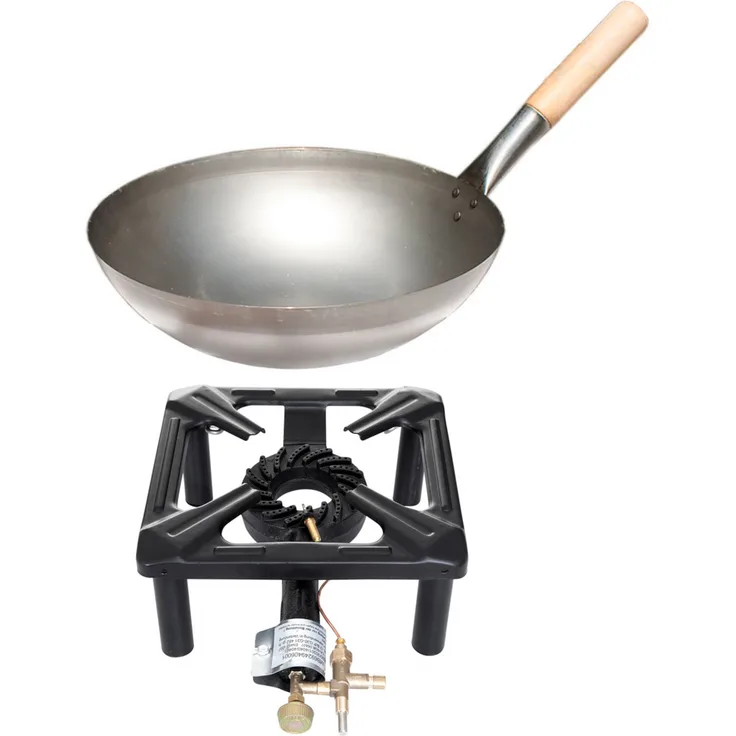Paella World Hockerkocher-Set klein 30x30x14 cm mit Stahl-Wok Ø 30 cm und Zündsicherung Gaskocher