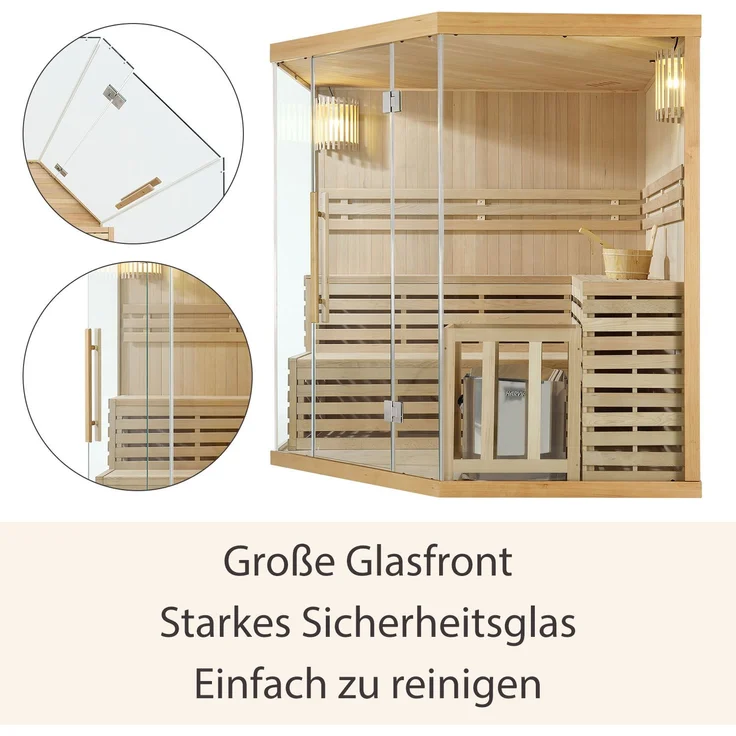 Artsauna Saunakabine Espoo200 Premium mit Harvia Ofen – 5 Personen – Hemlock Holz, Glasfront und LED Licht – Inkl. Thermometer & Sanduhr –Komplett Set – Bild 5
