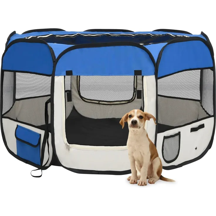 vidaXL Faltbarer Welpenlaufstall mit Tragetasche Blau 110x110x58 cm