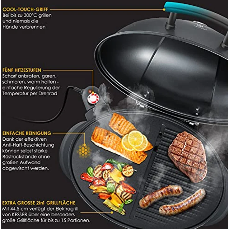 KESSER elektrischer Elektrogrill 2in1 Tischgrill - Standgrill mit Deckel Standfuß max. 2400 Watt Thermometer Antihaftbeschichtung XXL Grillplatte integrierte Ablagefläche Elektro-Säulengrill Schwarz – Bild 7