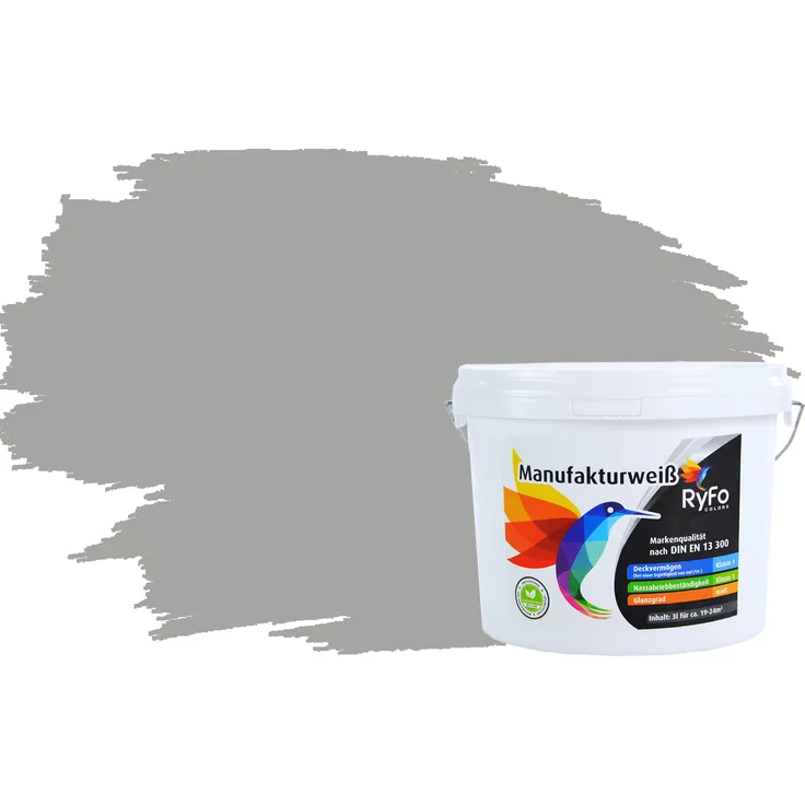 RyFo Colors Bunte Wandfarbe Manufakturweiß Mausgrau 3l - weitere Grau Farbtöne und Größen erhältlich, Deckkraft Klasse 1, Nassabrieb Klasse 1