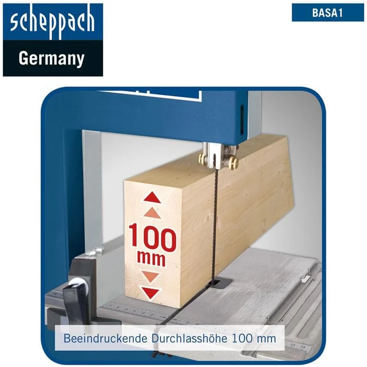 Scheppach Bandsäge BASA1 (300 Watt, max. Schnitthöhe: 100mm, Durchlassbreite: 195mm, bis zu 45° schwenkbarer Arbeitstisch, Bandrad-Ø: 200mm, Schnittgeschwindigkeit: 880m/min) – Bild 2