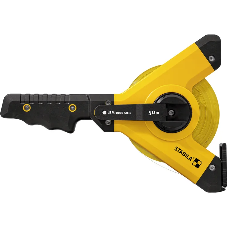 STABILA Rahmenbandmaß LBM 1000 STEEL, 50 m, Stahl-Messband mit metrischer Skala und NYLON-WRAP-Ummantelung, Universalhaken, bruchsicherer Rahmen, MID-Genauigkeit