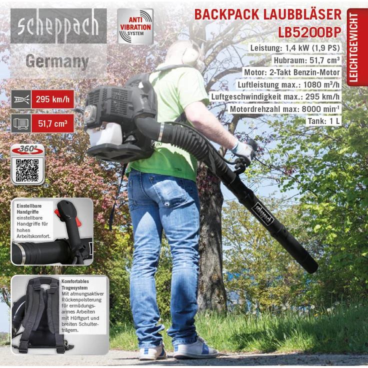 Scheppach Benzin Laubbläser LB5200BP, Anti-Vibrationssystem, 51,7 cm³ 2-Takt-Benzinmotor 1400W, Luftgeschwindigkeit 295 km/h, rückentragbar – Bild 13