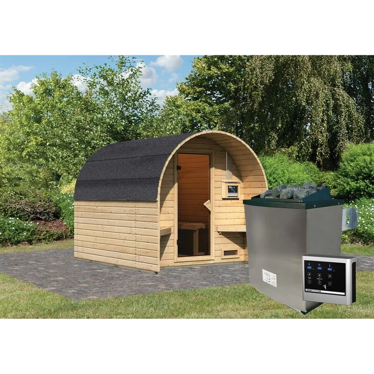 Karibu Fasshaus 2 Set naturbelassen mit Ofen 9 kW, externe Steuerung – Bild 1