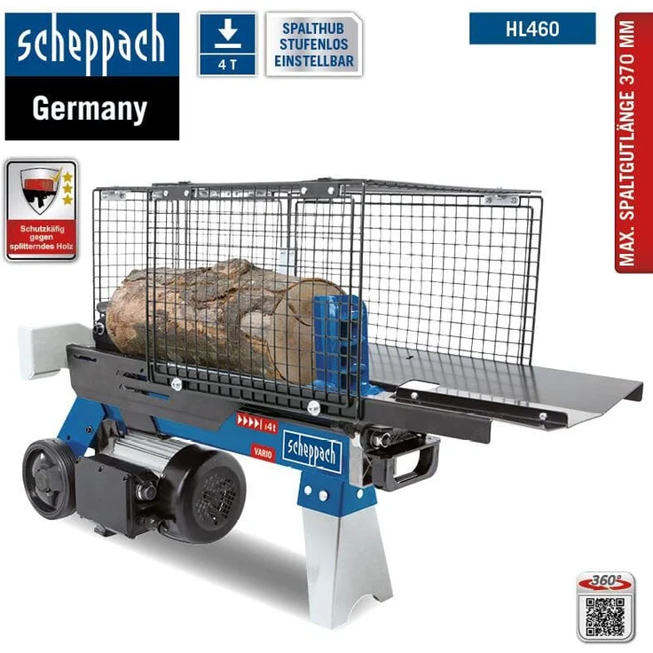 Scheppach Holzspalter liegend HL460, Brennholzspalter Hydraulikspalter, elektrisch 230V, Spaltkraft 4 Tonnen, Spaltlänge 370mm, 1500W Leistung, Ø250mm Spaltgut, inkl. Ablagetisch – Bild 1
