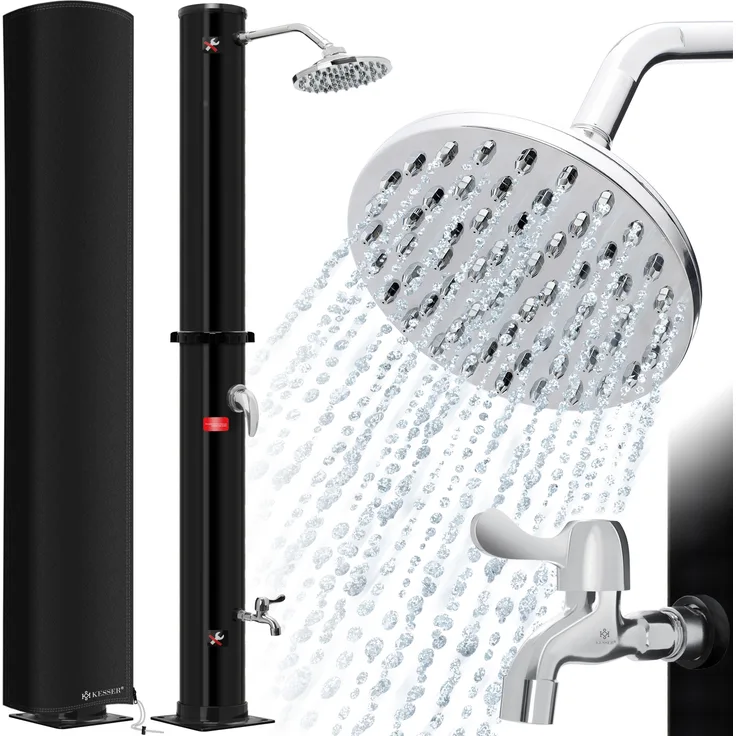 KESSER Solardusche 40- 60 Liter Solar Gartendusche warmes Wasser max. 60°C Inkl. Schutzhaube ohne Stromanschluss Pooldusche CampingRegenduschkopf und Wasserhahn Gartenschlauch-Anschluss Schwarz, 40 Liter - Preisvergleich
