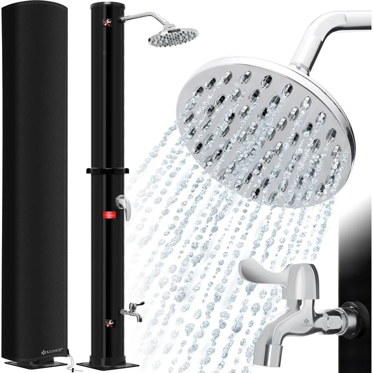 KESSER Solardusche 40- 60 Liter Solar Gartendusche warmes Wasser max. 60°C Inkl. Schutzhaube ohne Stromanschluss Pooldusche CampingRegenduschkopf und Wasserhahn Gartenschlauch-Anschluss Schwarz, 40 Liter - Preisvergleich – Bild 1