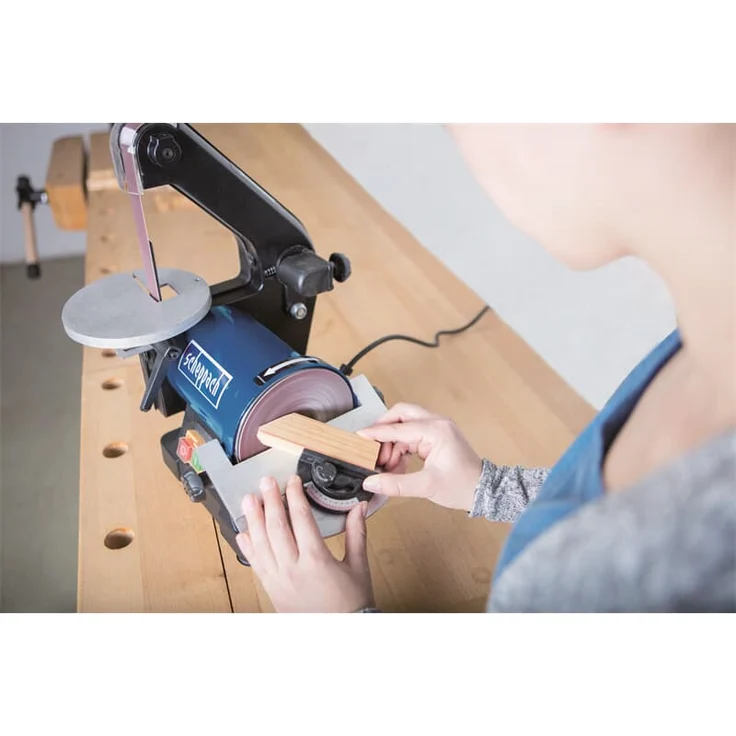 Scheppach BTS700 Bandschleifer (Tellerschleifer, 250W, Bandlänge 762mm-breite 25,4mm, SchleiftellerØ 125mm, 90°-45° verstellbarer Tisch, Geschwindigkeit 816m/min) – Bild 2