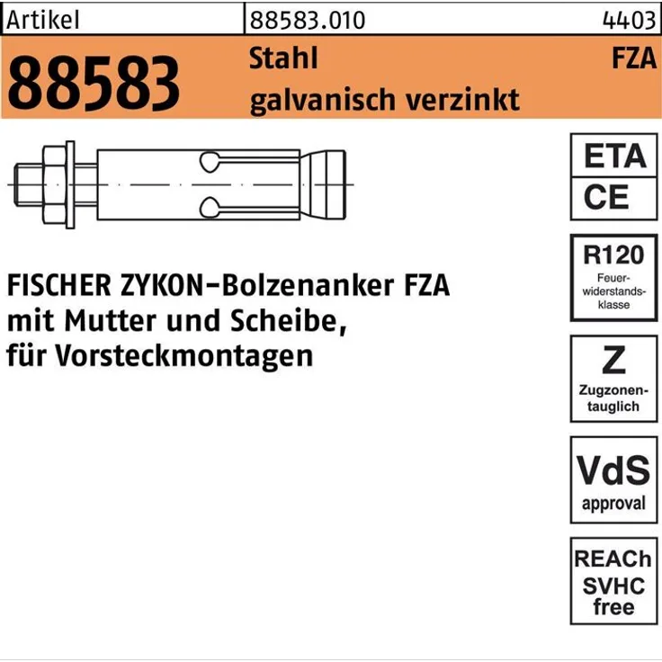 Bolzenanker R 88583 ZYKON FZA 22x100 M16/60 Stahl galv.verz. 10St. FISCHER