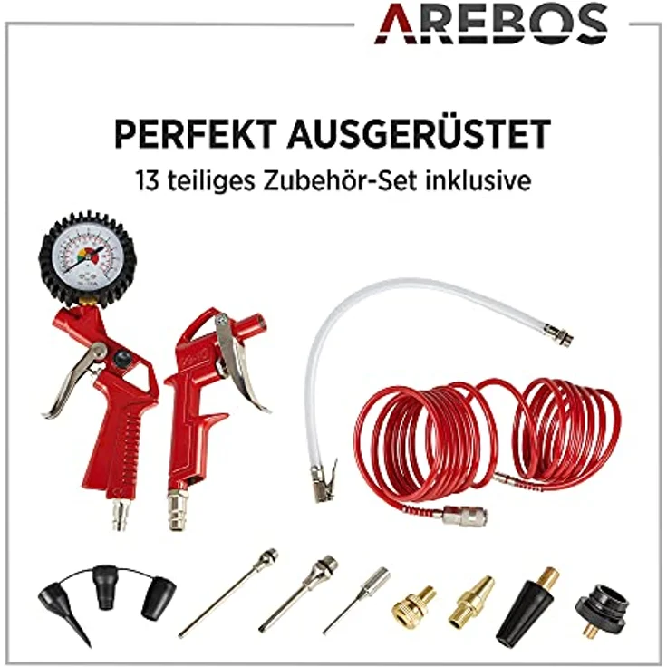 Canbolat Vertriebs Gmbh - AREBOS Druckluft Kompressor Luftkompressor 50L 10 Bar stehend 13-tlg Zubehör Rot - Rot – Bild 6