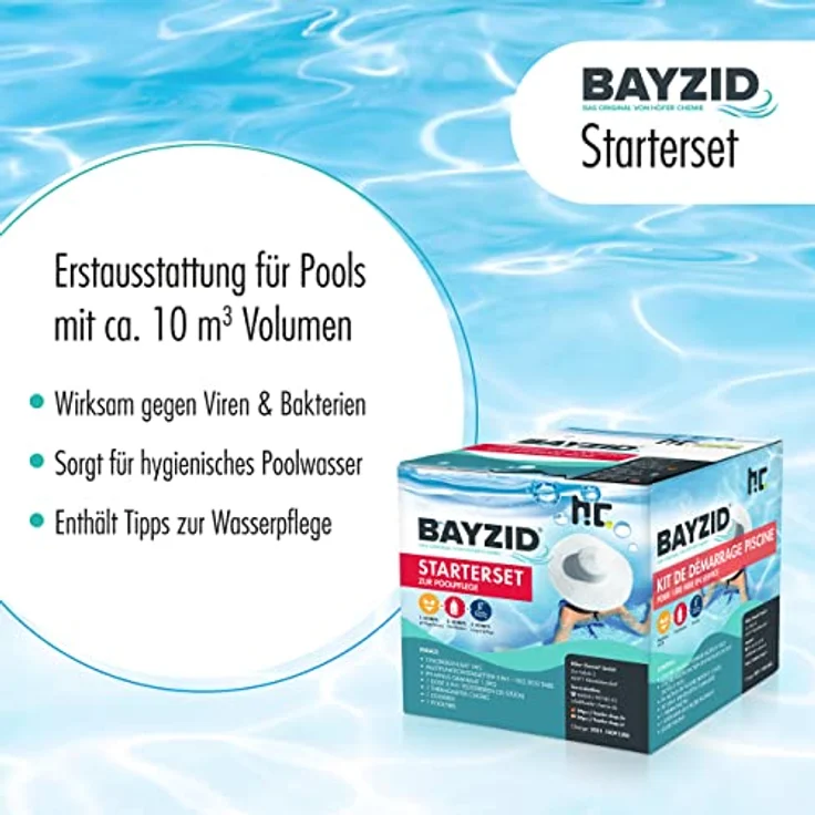 Höfer Chemie Pool Starterset 7 tlg. Wasserpflege durch Pool Chlor Granulat, PH Minus und Multitabs Poolthermometer Poolfibel Teststreifen, Langzeitchlorung und Desinfektion – Bild 2