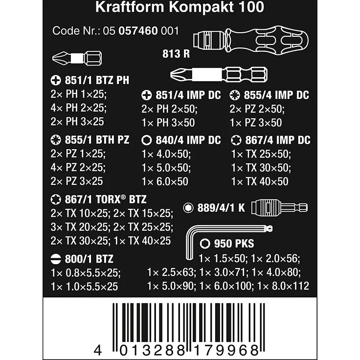 Wera Kraftform Kompakt 100 robustes Werkzeug Set 52 tlg. Bitset mit Bithalter Schnellwechselfutter Winkelschlüssel mit Hex-Plus Profil Schraubendreher-Set PH1 Kreuzschlitz BiTorsion Bits – Bild 3