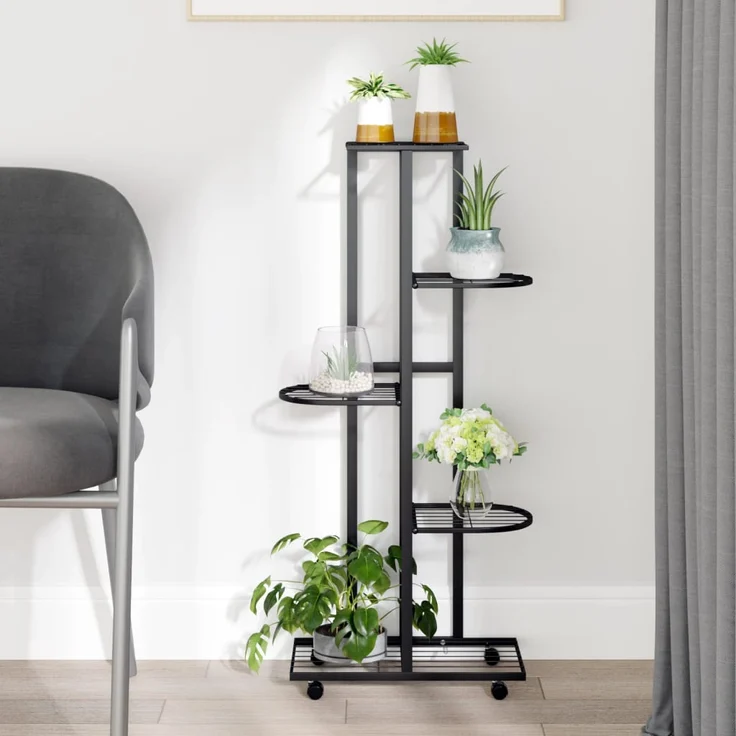 Blumenständer 5-Etagen mit Rollen 44x23x100 cm Schwarz Eisen – Bild 1