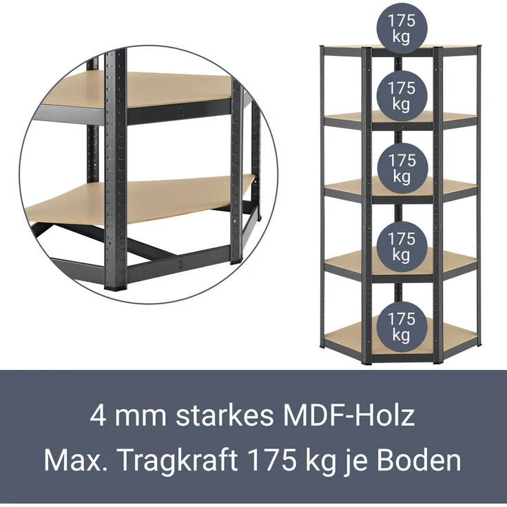 Juskys Eckregal Lageregal Corner Basic 180 x 70 x 40-70 cm | 875 kg | 5 Böden | Metall verzinkt | Schwerlastregal Steckregal Kellerregal Grau – Bild 4