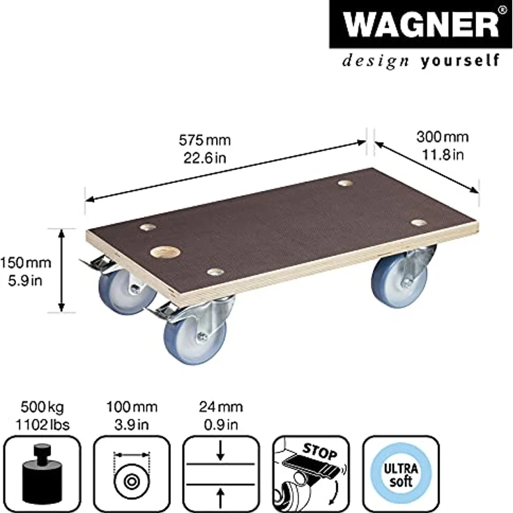 Transporthilfe MM 1341, 57,5 x 30 x 15 cm, harte Rollen Ø 100 mm, Rollenlager, 2 Bremsen, Platte FSC®, Tragkraft 500 kg – Bild 2