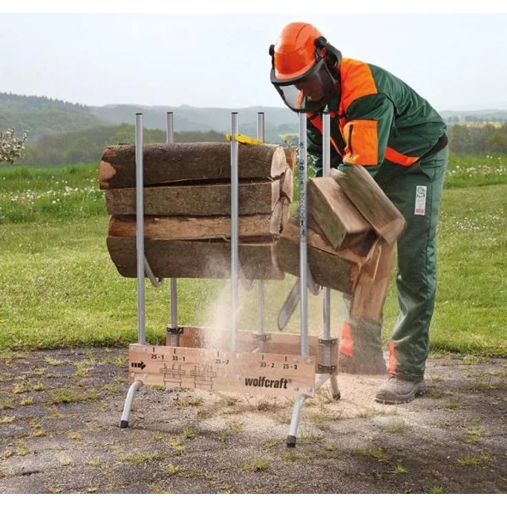 wolfcraft 1 Sägebock 5121000 - zusammenklappbar | Robuster & stabiler Holzbock zum schnellen Zuschneiden von Brennholz - inkl. Auswurfsicherung | Tragkraft: 150 kg – Bild 5