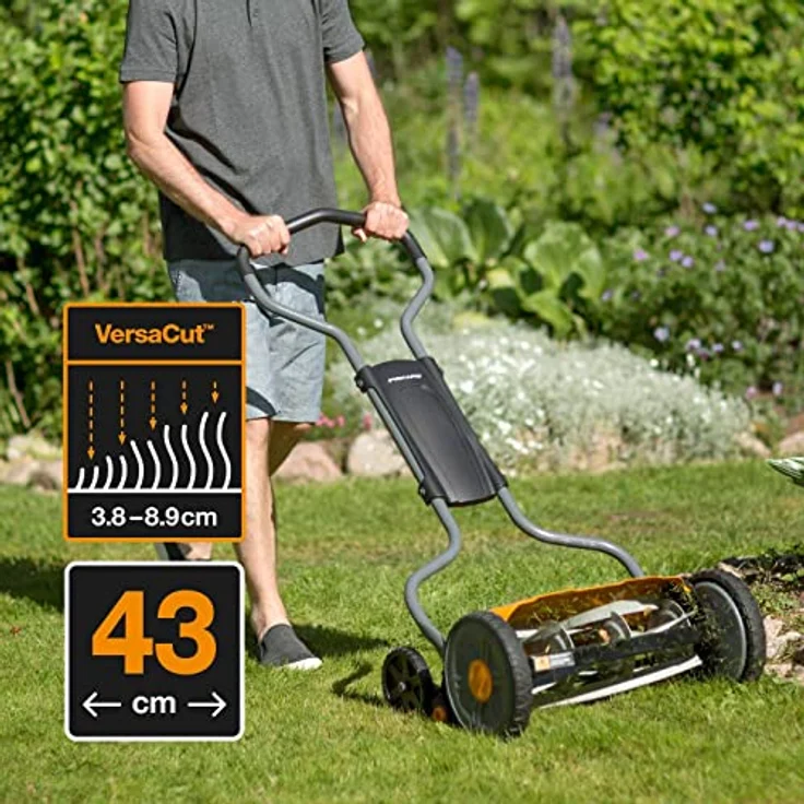 Fiskars Spindelmäher, Rasenmäher mit berührungslosem Schneidesystem, Schnittbreite: 43 cm, StaySharp Plus, Schwarz-Orange-Silber, 1015649 – Bild 5
