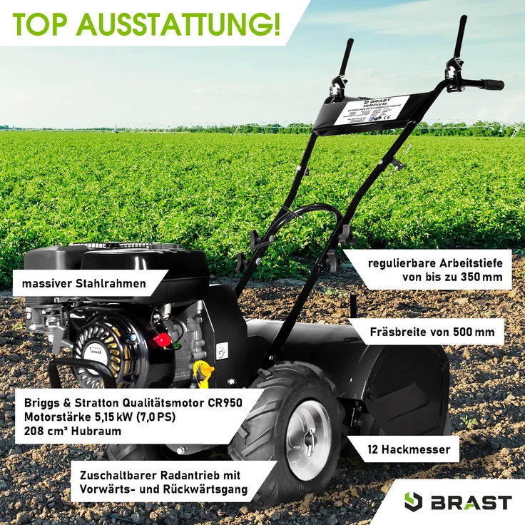 BRAST Motorhacke Benzin Gartenfräse 5,15kW(7PS) Selbstantrieb 50cm Arbeitsbreite 212ccm TÜV geprüft, AF7000 – Bild 4