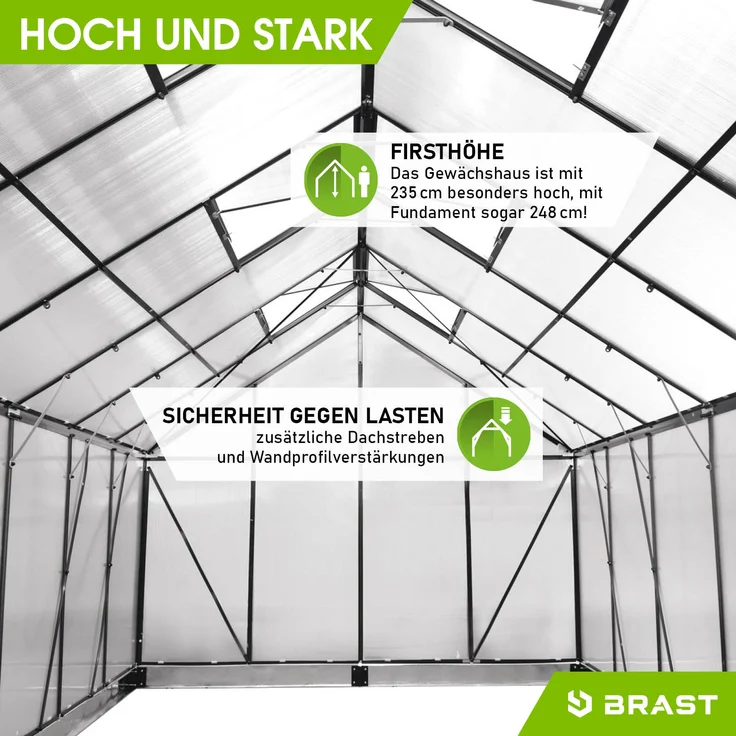 BRAST Gewächshaus Aluminium 430x250x235cm Grau mit Fundament rostfrei TÜV geprüft Alu Treibhaus Glashaus Tomatenhaus – Bild 8