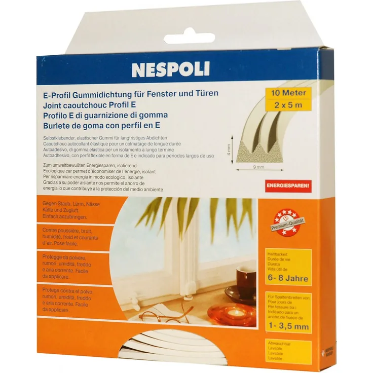 Nespoli Fenster- und Türdichtung mit E-Profil je 5 m, 9 x 4 mm, weiß, 2 Stück