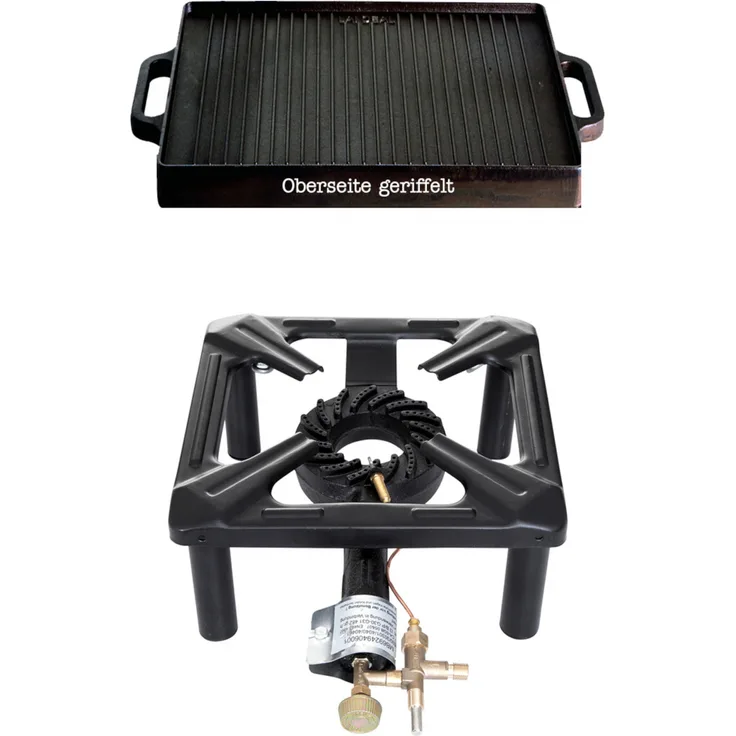 Paella World Hockerkocher-Set klein 30x30x14 cm mit Gussplatte 32x32 cm und Zündsicherung Gaskocher