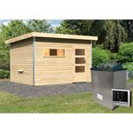 Karibu Saunahaus Skrollan 2 mit moderner Tür Set naturbelassen mit Ofen 9 KW, externe Steuerung easy