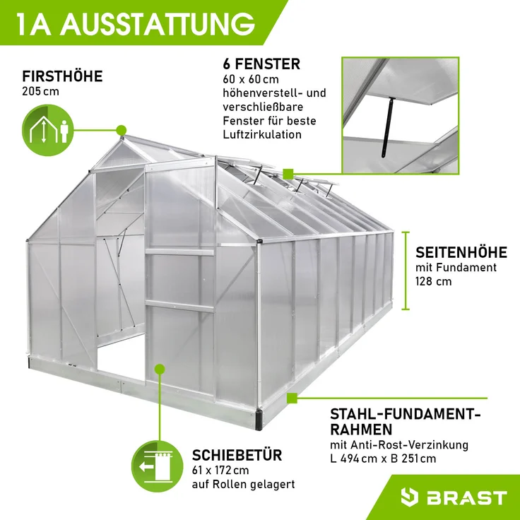 BRAST Gewächshaus Aluminium 490x250x205cm Silber mit Fundament rostfrei TÜV geprüft Alu Treibhaus Glashaus Tomatenhaus – Bild 6
