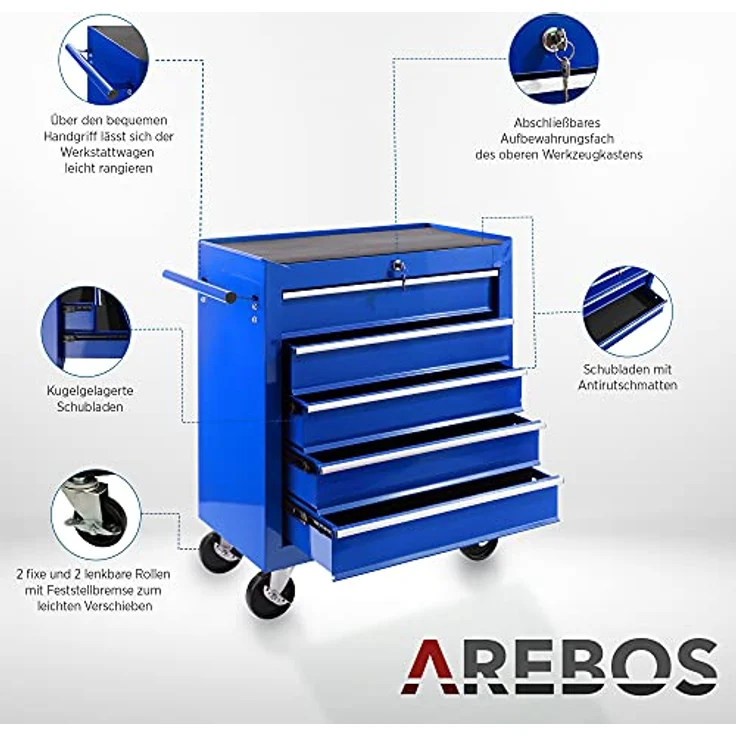 Werkstattwagen Werkzeugwagen Rollwagen Toolbox 5 Schubladen kugelgelagert - Blau - Arebos – Bild 4