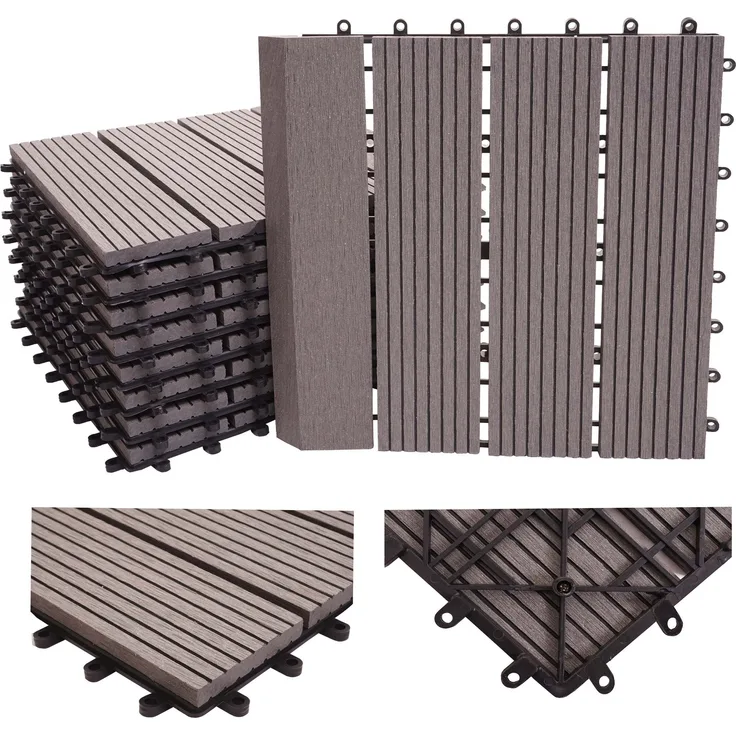 WPC Bodenfliese Rhone + Abschluss, Holzoptik Balkon-Terrasse, 11x je 30x30cm = 1qm Premium ~ grau linear senkrecht