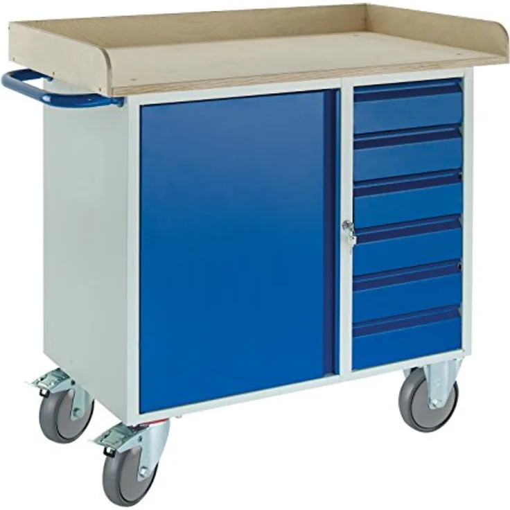 Rollcart Montagewagen mit Holzrand, 6 Schubladen und Stahlschrank