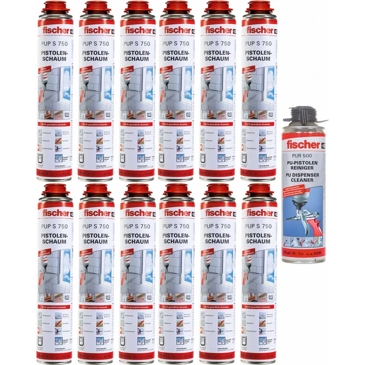 12x Fischer 1K Pistolenschaum PUP S 750ml B2 + 1x PUR500 500ml Reiniger