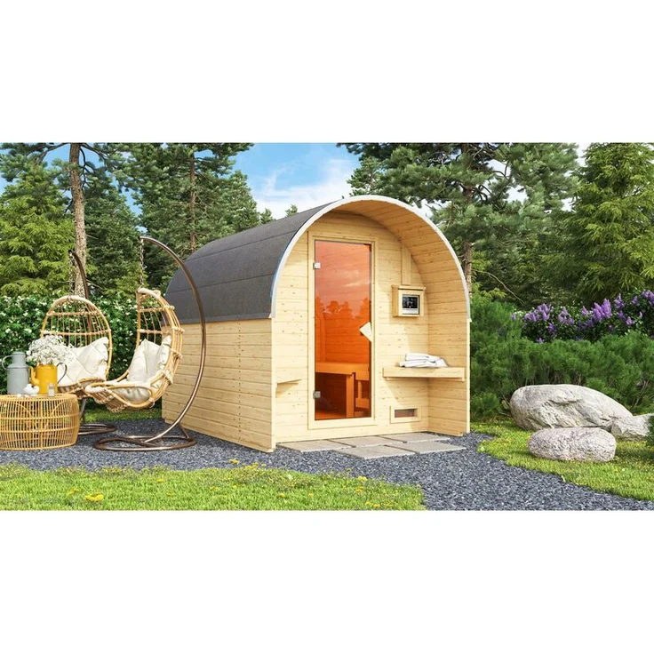 Karibu Fasshaus 2 Set naturbelassen mit Ofen 9 kW, externe Steuerung – Bild 2