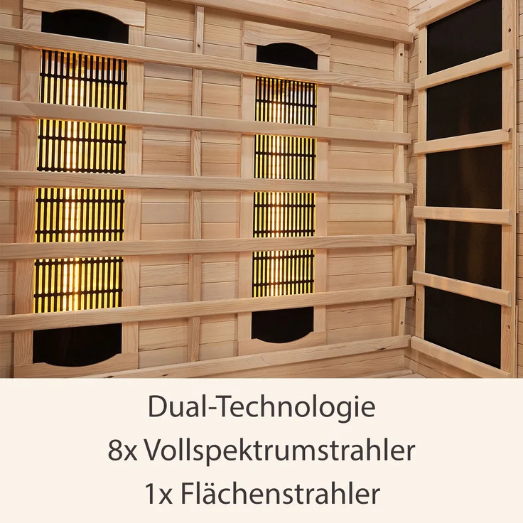 Artsauna Infrarotkabine Kiruna120 Dual Technologie – 5 Vollspektrumstrahler & 3 Flächenstrahler – 2 Personen – LED Farblicht – Radio - Hemlock-Holz, 120 x 105 x 190 cm – Bild 3