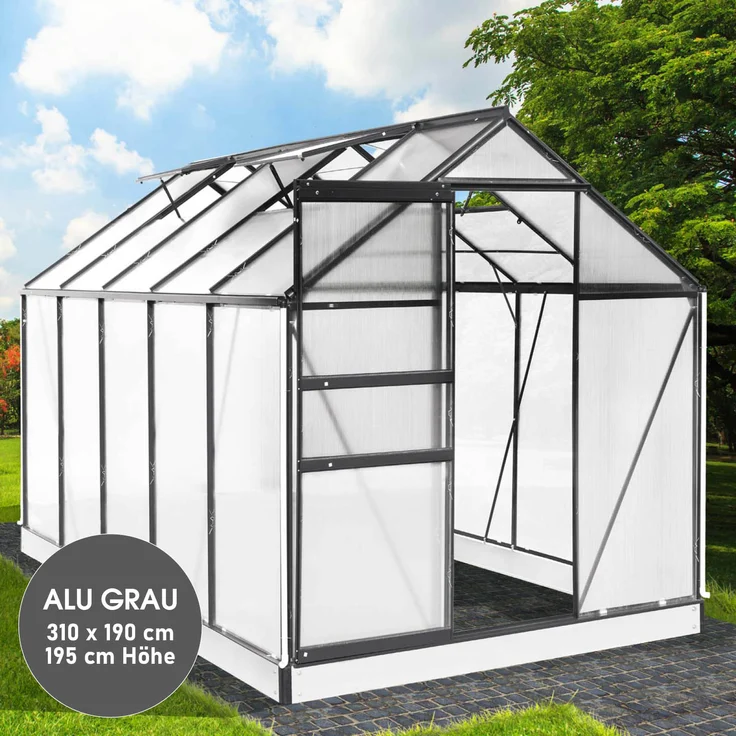 BRAST Gewächshaus Aluminium 310x190x195cm Grau mit Fundament rostfrei TÜV geprüft Alu Treibhaus Glashaus Tomatenhaus – Bild 8