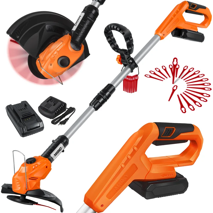 MASKO Akku-Rasentrimmer mit 20 V Li-Akku, 2,0 Ah Akku und Ladegerät, Motorsense 26 cm Schnittkreis, 180° Trimmwinkel, Teleskop-Stiel & Zusatzhandgriff, inkl. 20 Messer Kunststoffklinge Orange – Bild 1