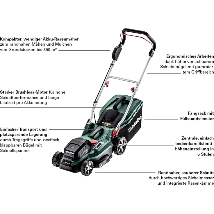 Metabo Akku Rasenmäher RM 36-18 LTX BL 36 (2x 18 Volt Li-Ion für Grundstücken bis 350 m², Schnittbreite: 36 cm, Mulchfunktion, bürstenloser Motor) ohne Akku und Ladegerät, im Karton – Bild 4
