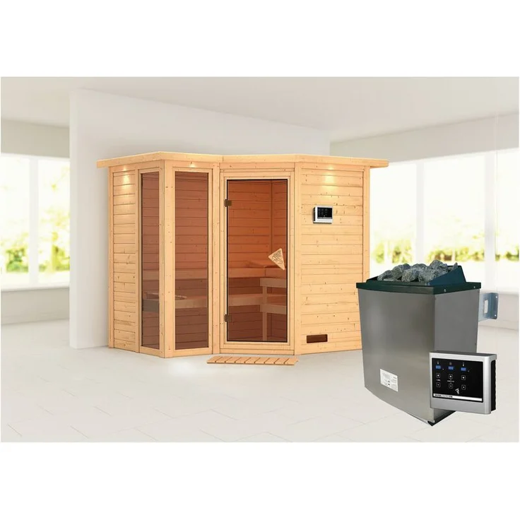 Karibu Sauna Amara mit Kranz Set naturbelassen mit Ofen 9 kW, externe Steuerung Easy – Bild 1