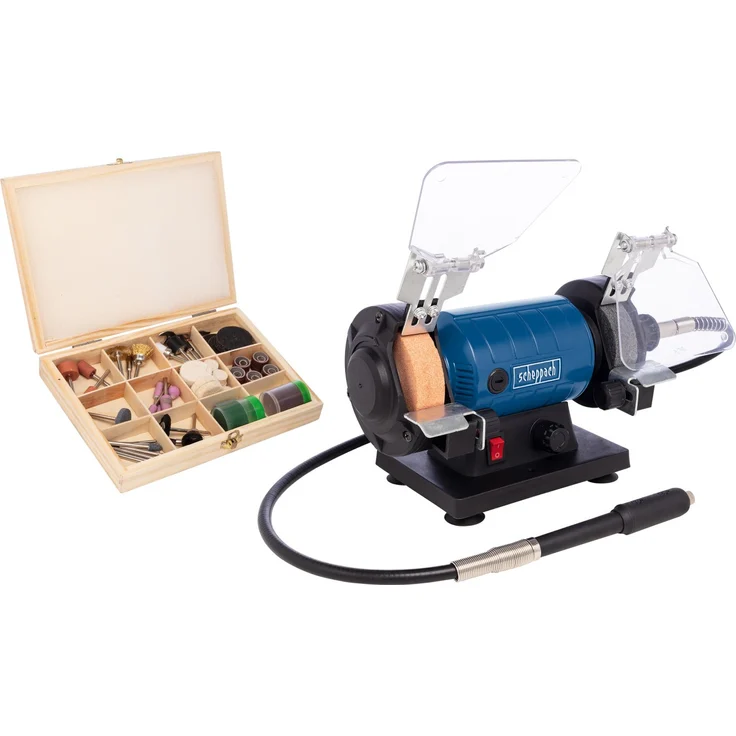 Scheppach Schleifmaschine HG35 Doppelschleifer | mit flexibler Welle und 103-tlg. Zubehörset | Ø75mm x 20mm Schleifscheibe (K120) & Polierscheibe (K400) | Werkstückauflage & Funkenschutz – Bild 1