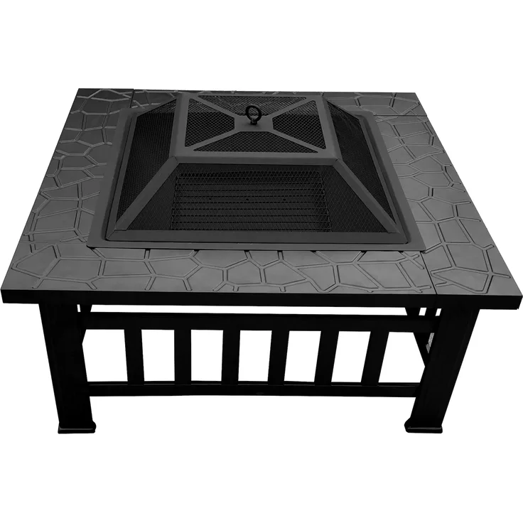 MCombo quadratische Feuerstelle Feuerschale Feuerkorb 0039BK, mit Funkenschutz Schutzhülle Feuerhaken, 3 in 1 für Garten Terrasse BBQ Grill, Outdoor Camping Party, Stahl, Schwarz, 81 x 81 x 44,5 cm