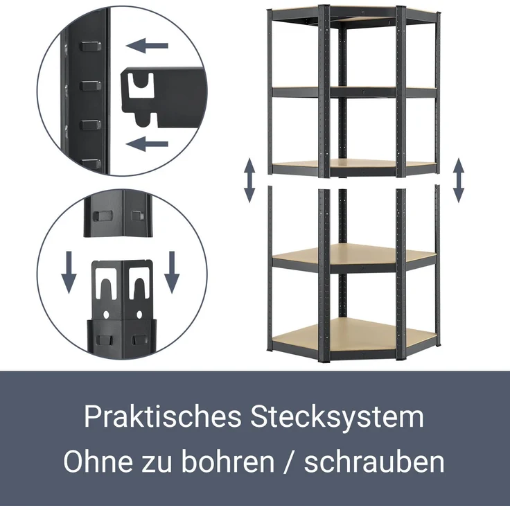 Juskys Eckregal Lageregal Corner Basic 180 x 70 x 40-70 cm | 875 kg | 5 Böden | Metall verzinkt | Schwerlastregal Steckregal Kellerregal Grau – Bild 7