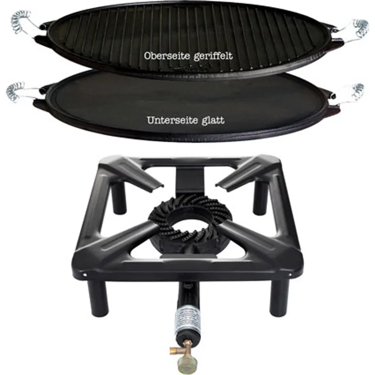 Hockerkocher-Set (groß) mit Gusseisen-Grillplatte Ø 38 cm - ohne Zündsicherung