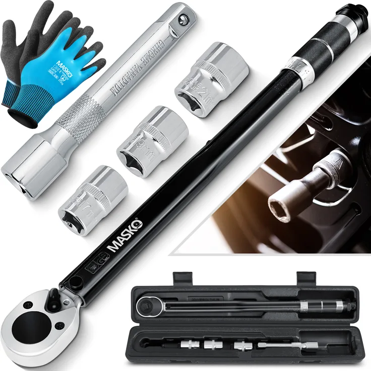 MASKO Drehmomentschlüssel 6tlg. Set 40-210Nm 1-2 ' CV inkl. 3 Stecknüssen 17mm, 19mm, 21mm und Verlängerung 125mm inkl. Koffer +- 4% Toleranz Reifenschlüssel Auto Drehmoment-Schlüssel Schwarz