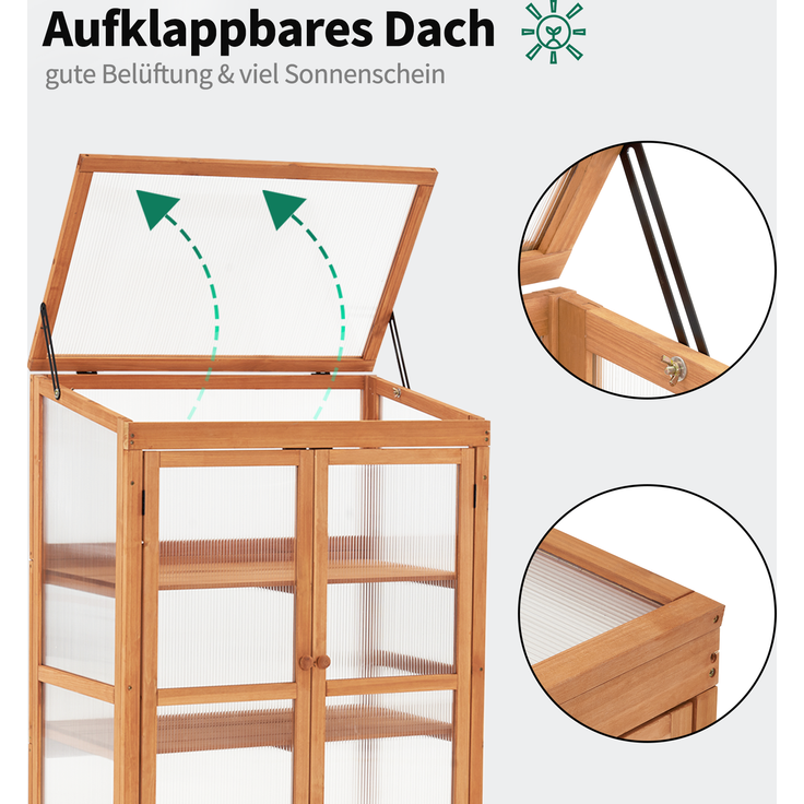 M MCombo Gewächshaus Frühbeet aus Holz, für Balkon & Garten, Klein Treibhaus Greenhouse Aufsatz Kasten winterfest, 46 76 110cm, 0760 (Natur) – Bild 4